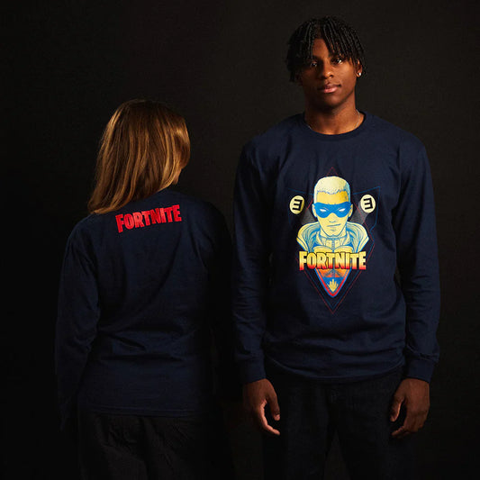 A man and a woman showcasing the back and front of the Eminem x Fortnite long-sleeve shirt, featuring a bold Fortnite logo on a dark backdrop.