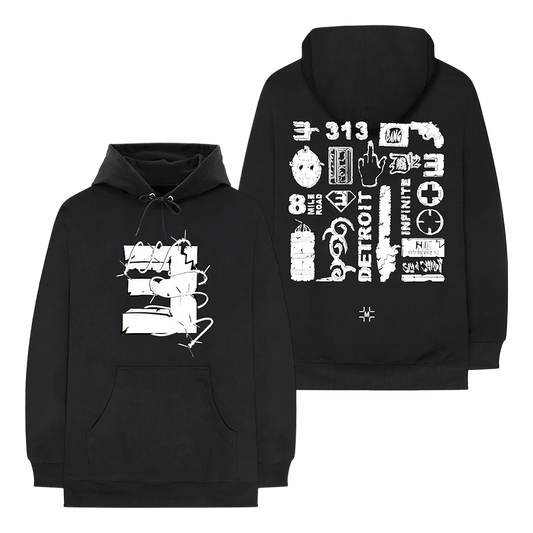 Millinsky x Eminem black hoodie with 'Concrete Composition' design featuring iconic Detroit symbols and Eminem’s song references, merging street art aesthetics with music culture.
