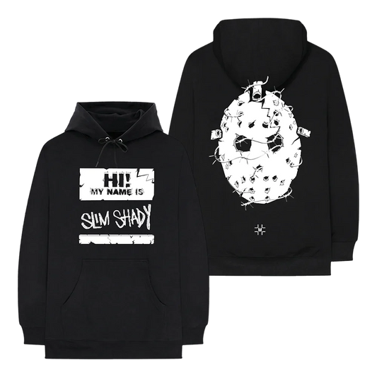 Millinsky x Eminem black hoodie with 'Hi! My Name Is Slim Shady' tagline above a graphic concrete mask, blending the artist's alter ego with edgy urban art.