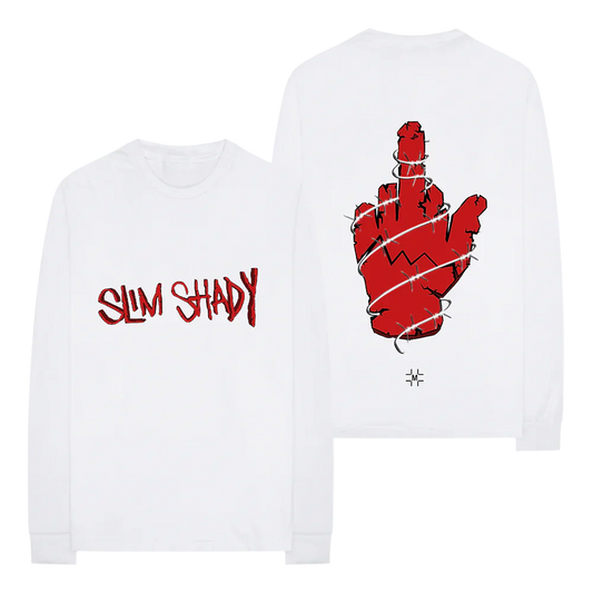 Millinsky x Eminem long sleeve white shirt with 'Slim Shady' in red graffiti-style letters on the front and a graphic of a red concrete-textured middle finger on the back, symbolizing Eminem's defiant persona.