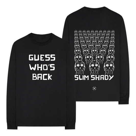 Millinsky x Eminem long sleeve black shirt with 'Guess Who's Back Slim Shady' text on the front, and a repeating pattern of Slim Shady faces on the back, celebrating Eminem's legendary return to music.