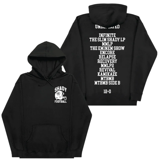 SHADY FOOTBALL black hoodie bundle with a vintage helmet logo on the front and Eminem's undefeated album list on the back, portraying a '12-0' record.