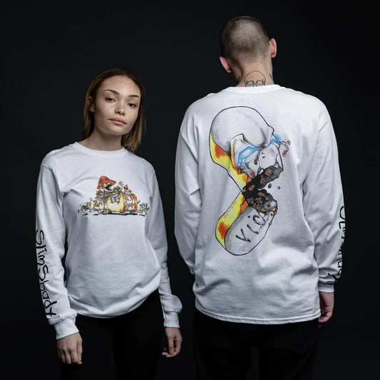 A male and female model displaying the 'SSLP Illustrations' white long sleeve shirt with colorful front chest print and a large back graphic featuring 'Slim Shady' text.