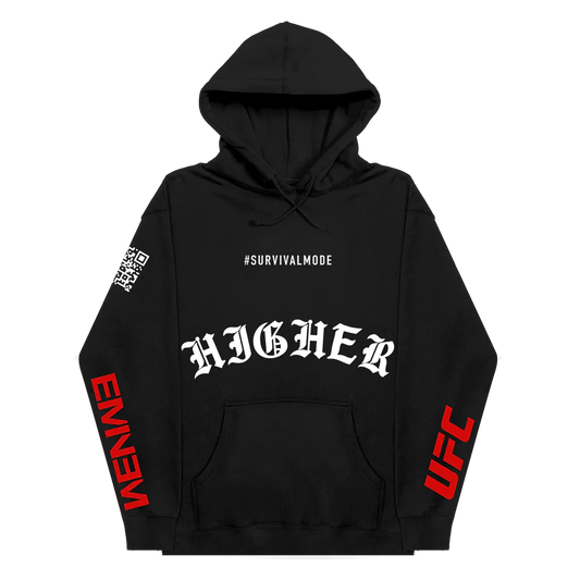 UFC x Eminem Higher Hoodie in black with #SURVIVALMODE hashtag on the hood, 'HIGHER' text on the front, and bold UFC branding on the sleeve - Eminem’s motivational UFC apparel line.