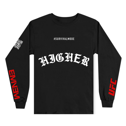 Eminem and UFC's collaborative Higher Longsleeve in black, featuring the #SURVIVALMODE hashtag on the front, 'HIGHER' text, and dynamic UFC logo on the sleeve for a strong, motivational statement.